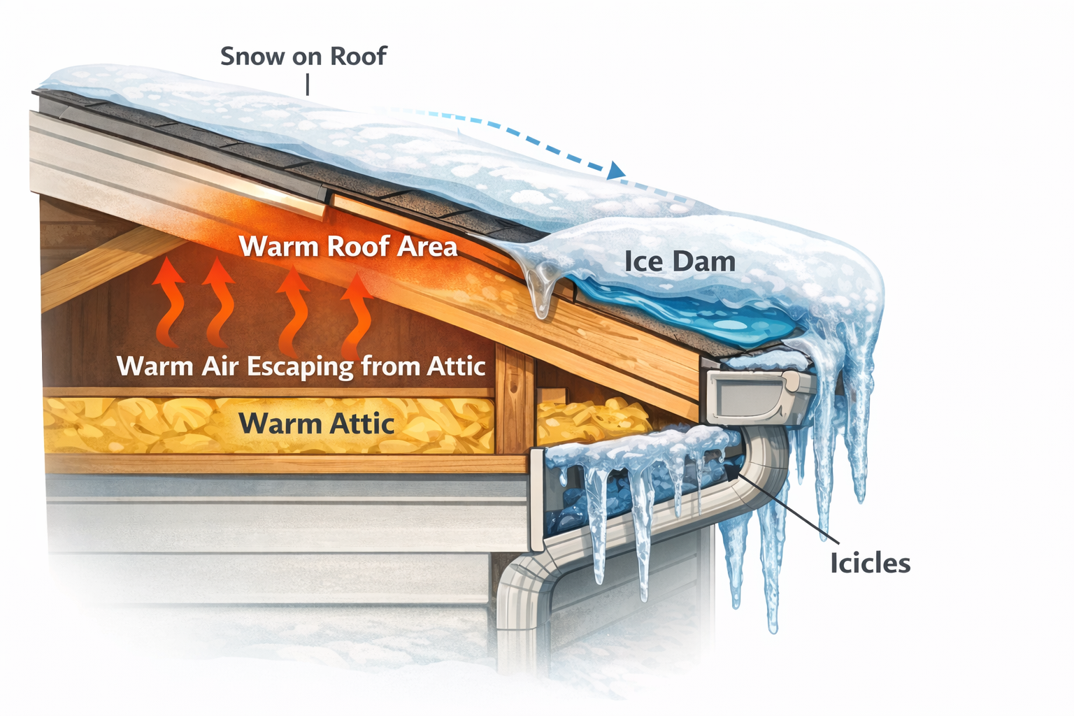 diagram of formation of ice dam on gutters