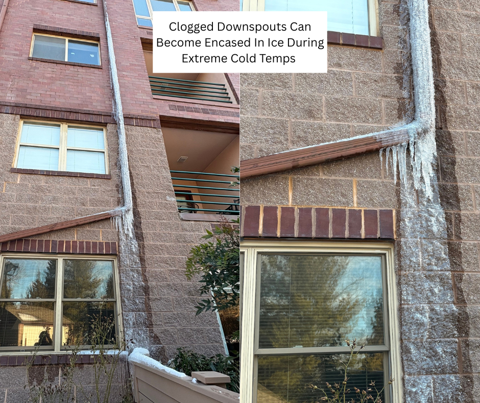 clogged downspout encased in ice gutters not prepared for winter