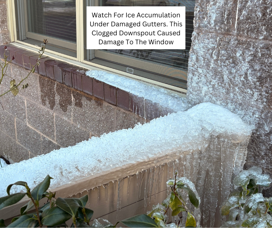 ice accumulation due to clogged downspout 