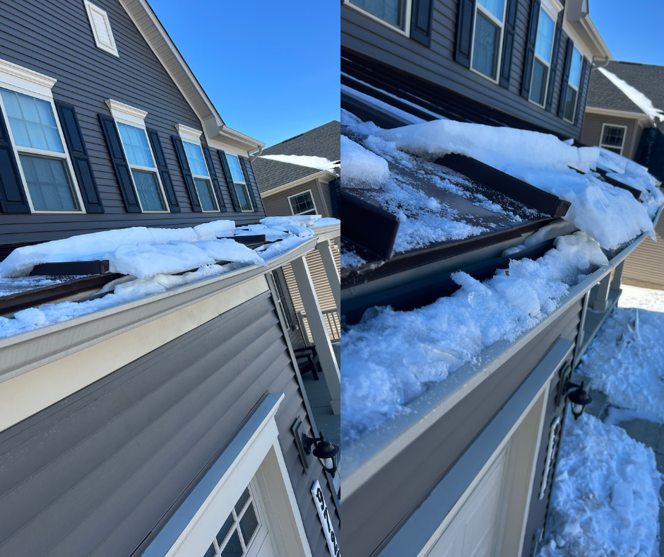 roof snow slides down metal roof and damages gutter