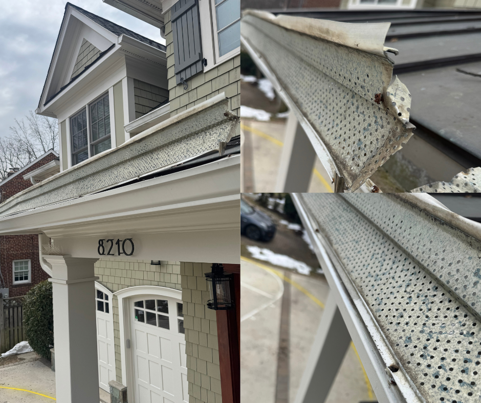 roof avalanche causes damage to gutter cover on metal roof