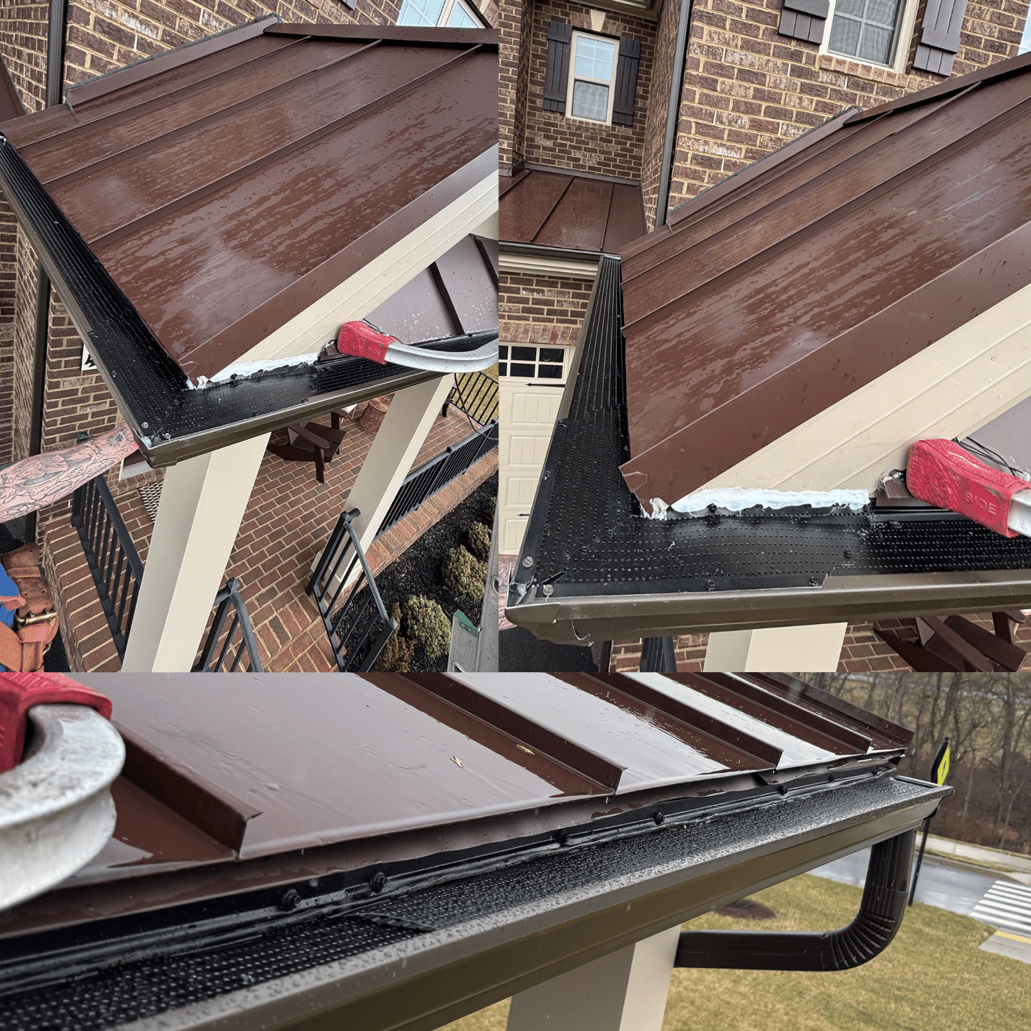 double-pro gutter guard systems installed under brown metal roof