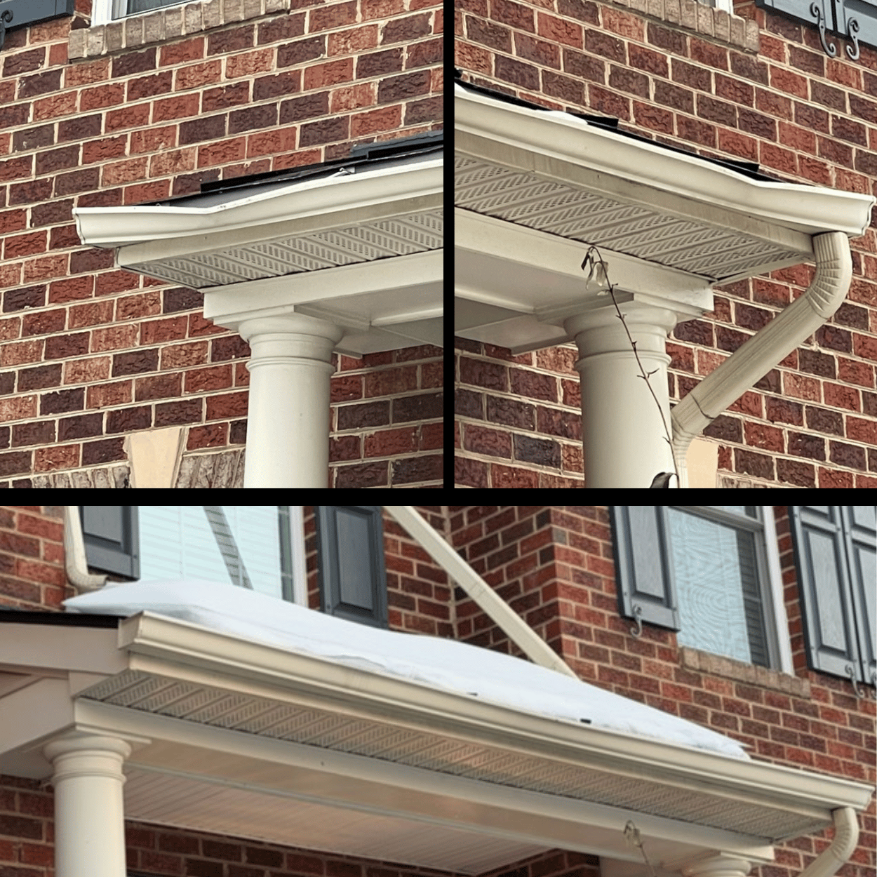 gutter damage caused by snow sliding down a metal roof